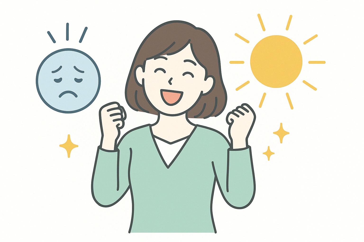 日光を浴びて気分が改善し、季節性うつを予防する女性のイラスト｜堺市そらはねメンタルクリニック