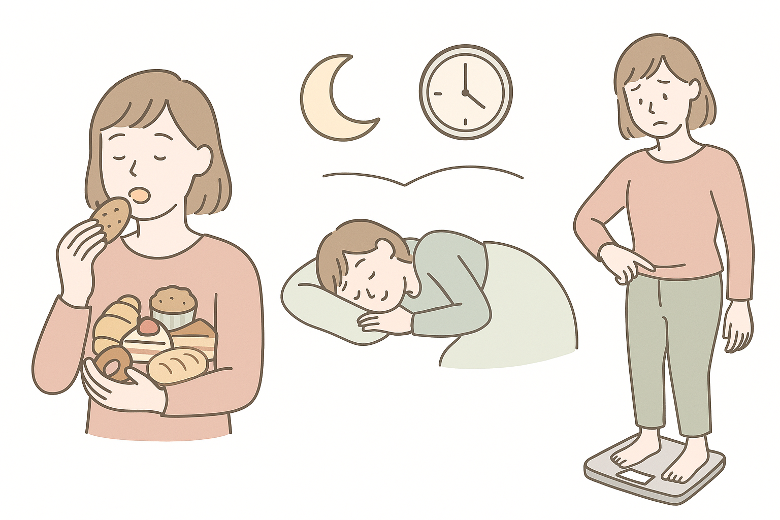 季節性うつに見られる過食・過眠・体重増加のイメージイラスト｜堺市そらはねメンタルクリニック