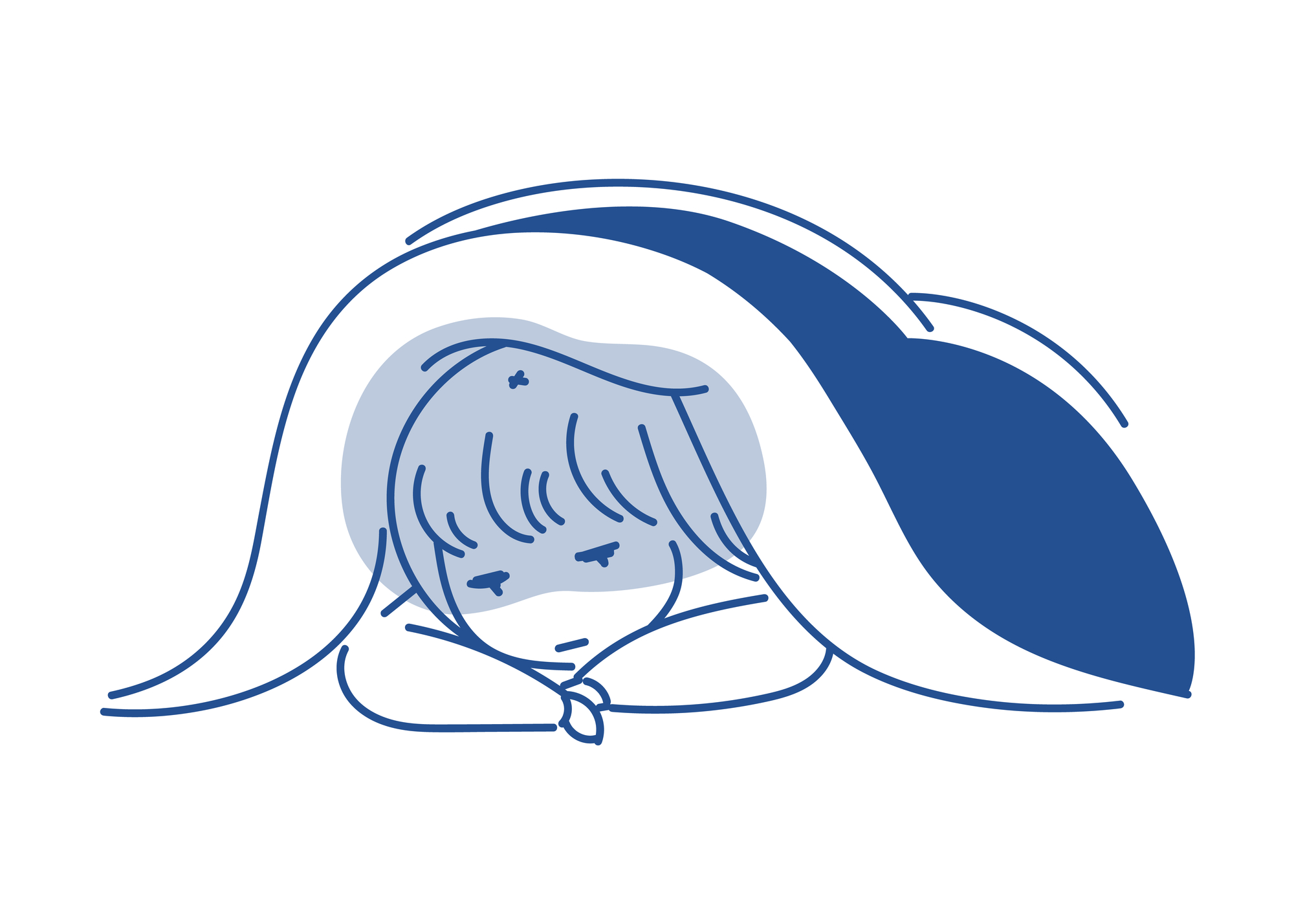 朝起きられず布団にくるまる女性のイラスト｜堺そらはねメンタルクリニックが「朝起きられない原因と対処法」を解説