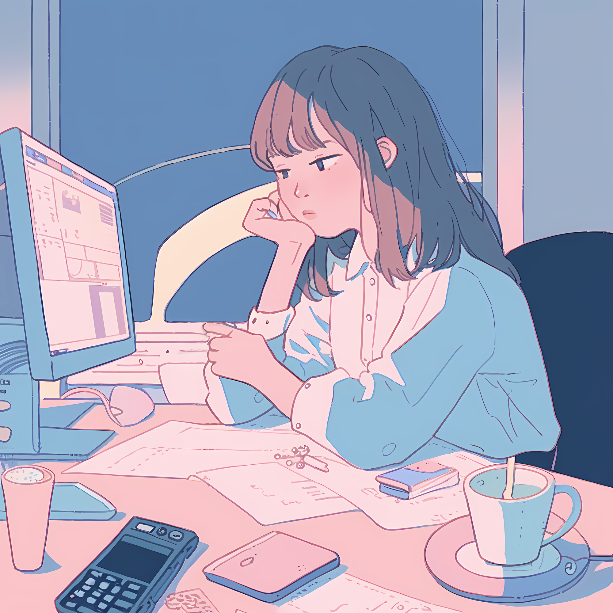 夜中にカフェインを摂りながらパソコン作業をする女性のイラスト｜朝起きられない原因「寝る前のNG習慣」を堺そらはねメンタルクリニックが解説