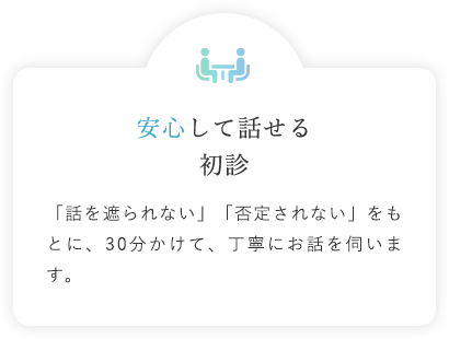 安心して話せる初診 「話を遮られない」「否定されない」をもとに、30分かけて、丁寧にお話を伺います。